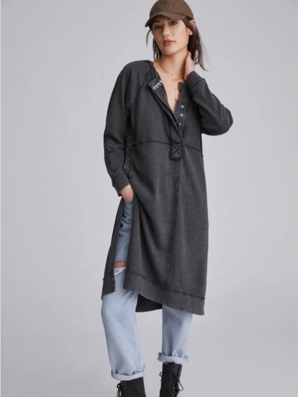 Pilcro Anthropologie Hooded Sweatshirt Dress Gray Acid Wash Size Small - Picture 4 of 10